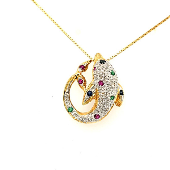 Pre Owned 18ct Multi Gem Dolphin Pendant and Chain ZT332